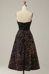 A-Linie Herzausschnitt Schwarz Pailletten Midi Ballkleid